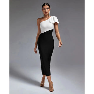 Elegant Black and White One-Bow Shoulder Bandage Dress - Sleeveless Slim Fit Midi Casual Dress