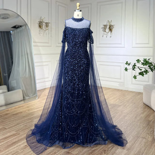 Elegant Arabic Purple Mermaid Evening Dress with Cape Sleeves - Beaded Luxury Gown for Women's Wedding Party 2024