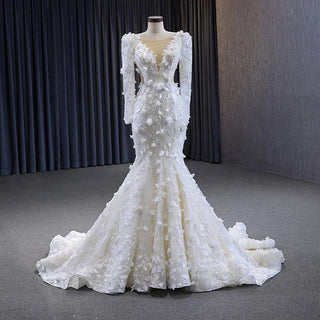 Elegant V-Neck Appliqued Flower Mermaid Wedding Long Dress