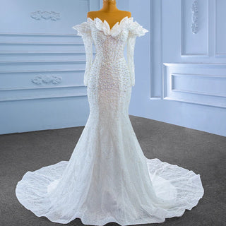 Luxury Pearls Slim Long Sleeve Mermaid Wedding Dress