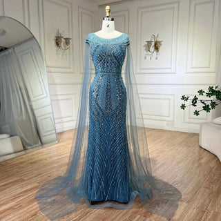 2024 Arabic Blue Mermaid Elegant Cape Sleeves Beaded Luxury Evening Dresses Gowns for Women Wedding Party