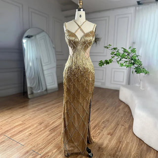 Dubai Silver Mermaid Evening Gown 2024 with Gold Beaded Tassel - Luxury Spaghetti Strap Party Dress for Women