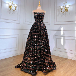 Black Strapless Evening Dress with Sequin Luxury - Women's Wedding Party A-Line Gown 2024