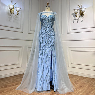 Blue Mermaid Sexy Long Cape Sleeves Evening Dress - High Split Luxury Beaded Gown 2024 for Women's Party