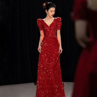 Ships in 1 to 3 Days – Stunning Red Sequin V-Neck Evening Dress for Weddings and Engagements