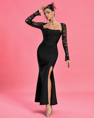 2024 Black Lace Flower Long Sleeve Bandage Gown - Elegant Maxi Evening Dress for Women