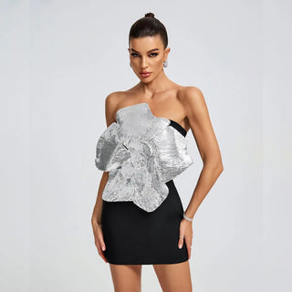 High-Quality Black Bandage Dress with Silver Big Flower - Sexy Formal Elegant Dress for Women