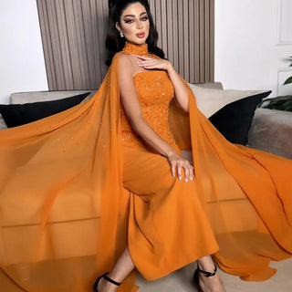 Arabic Orange Strapless Evening Dress with Cape Sleeve for Women, Luxury Dubai Formal Party Gowns