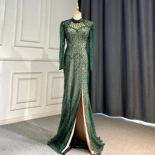 Elegant Green Mermaid Evening Dress with High Split and Pearls - Women's Party Gown 2024