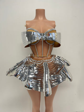 Futuristic Metallic Structured Corset and Skirt Set