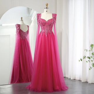 Arabic Fuchsia Evening Dress with Cape Sleeves Luxury Beaded Dubai Elegant Women Wedding Formal Party Gowns