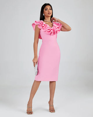 New Arrival Ladies Pink Casual Dress - Double Layers Ruffle Short Sleeve Knee-Length Bodycon Bandage Dress