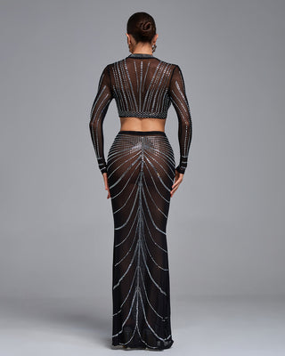 Ships in 1 to 3 Days - Sheer Black Two-Piece Gown with Glittering Rhinestone Accents