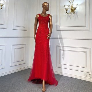 Luxury Red Mermaid Evening Dress with Beaded Detail - Women's Party Gown 2024