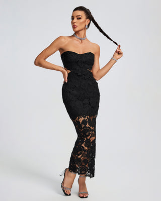 Ships in 1 to 3 Days -Elegant Black Strapless Lace Midi Dress with Sheer Detail