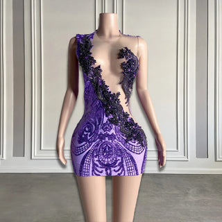 Ships in 2 to 5 Days - 2025 Lavish Lilac Embroidered Mini Dress with Intricate Appliques