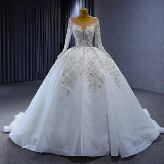 Gorgeous Sequins Beaded Long Sleeve Puffy Ball Gown Wedding Dress