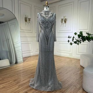 Dubai Gray Mermaid Elegant Lace Crystal Beaded Evening Dress - Luxury Gown for Women's Wedding Party 2024