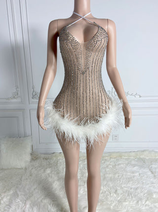 Ships in 1 to 3 Days - Glamorous Feather-Trimmed Beaded Cocktail Dress