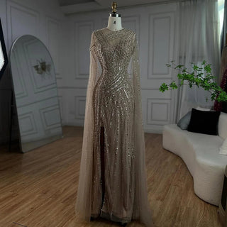 Arabic Elegant Cape Sleeves Mermaid Nude Dubai Evening Dress - Beaded Luxury Gown for Women's Party 2024