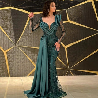 Dubai Splendor: Emerald Green Mermaid Evening Dress with Overskirt and Gold Arabic-inspired Elegance for Women's Weddings and Formal Affairs.