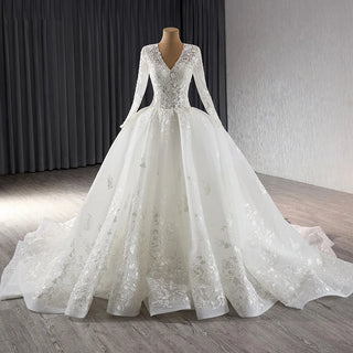 Elegant V-Neck Embroidered Wedding Dress with Long Tail for Girls