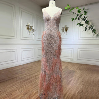 Pink Feathers Mermaid Evening Dress: 2024 Luxury Dubai Gown for Women's Wedding Party