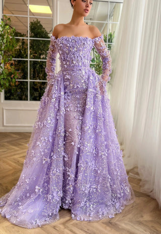 Elegant 3D Flowers Pink Luxury Dubai Evening Dress with Overskirt: Lilac Long Sleeves for Women's Wedding Party