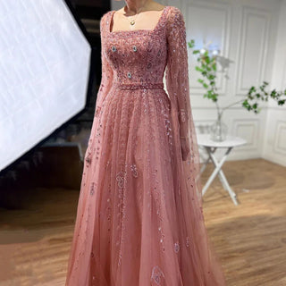 Ships in 1 to 3 Days - Pink Elegance: 2024 A-Line Dubai Evening Gown with Square Collar and Beading