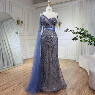 Ships in 1 to 3 Days - 2024 Blue Mermaid One Shoulder Elegant Cap Sleeve Beaded Evening Dress Gown for Women Wedding Party