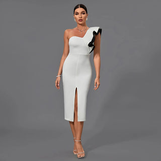 One-Shoulder Double Lotus Ruffled Contrast Color Bodycon Bandage Dress - Elegant Formal Evening Dress for Ladies