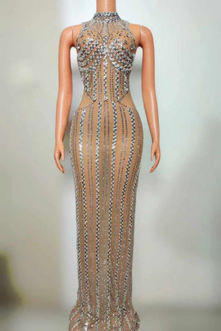 Glamorous Rhinestone Sheer Evening Gown