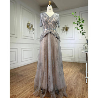 Silver Nude Elegant Short Sleeves A-Line Evening Dress 2024 - Mother of the Bride Luxury Beaded Party Dress