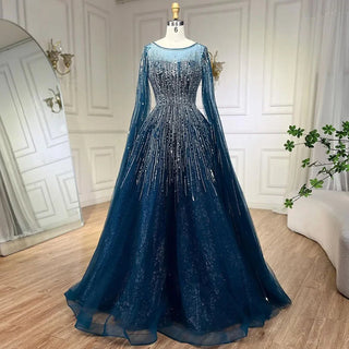 Ships in 1 to 3 Days - Navy Blue Luxury Evening Dress with Cape Sleeves - A-Line Beaded Gown for Women's Wedding Party 2024