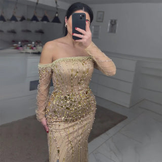 Ships in 1 to 3 Days - 2024 Arabia Gold Mermaid Luxury Beaded Off-Shoulder Dubai Evening Dress - Gown for Women's Wedding Party