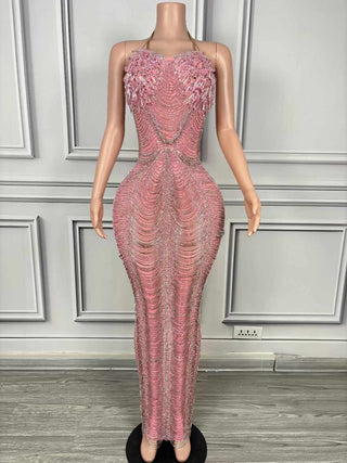 Halter-Neck Gown with Fringe and Intricate Beading