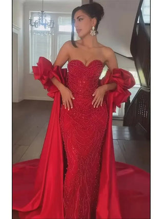 Ships in 2 to 5 Days - 2025 Customized Red Mermaid Evening Gown with Long Cape and Pearls Beaded Embellishments