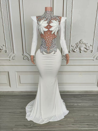 White Long-Sleeve Sheer Crystal-Embellished Gown with Bold Leaf Motif