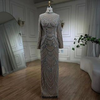 2024 Muslim Nude Elegant Mermaid High Split Beaded Luxury Evening Dress - Gown for Women's Wedding Party