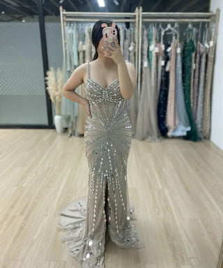 Nude Stunning Spaghetti Straps Sweetheart Neck Prom Party Dress - Luxury Mermaid Evening Gown with High Split for Special Events