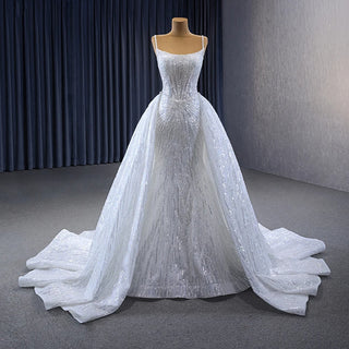 Luxury Sequins Beaded Scoop Mermaid Wedding Dress with Detachable Train