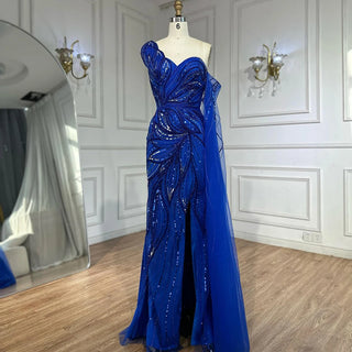 Royal Blue One Shoulder Beaded Mermaid Evening Dress with Split for Formal Occasion