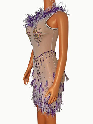 Elegant Lavender Feather and Sequin Embellished Sheer Mini Dress