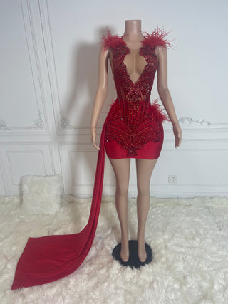 Luxurious Feathered Beaded Mini Dress with Dramatic Train