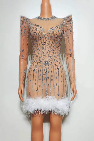 Glamorous Crystal-Embellished Feather Hem Dress