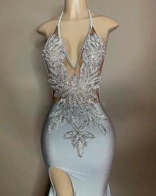 Crystal-Embellished Silver Evening Gown with High Slit and Flowing Train