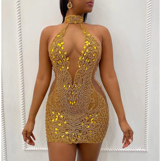 Luxurious Gold Sequin Mini Dress with Halter Neckline and Fringe Details