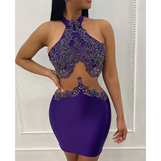 Ornately Embellished Cut-Out Mini Dress with Halter Neck