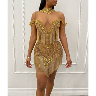 Glamorous Off-Shoulder Rhinestone Fringe Mini Dress