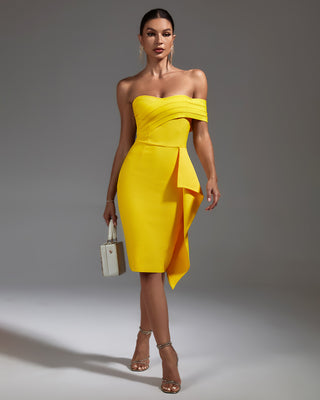 Ships in 1 to 3 Days - Elegant Strapless Draped Midi Cocktail Dress